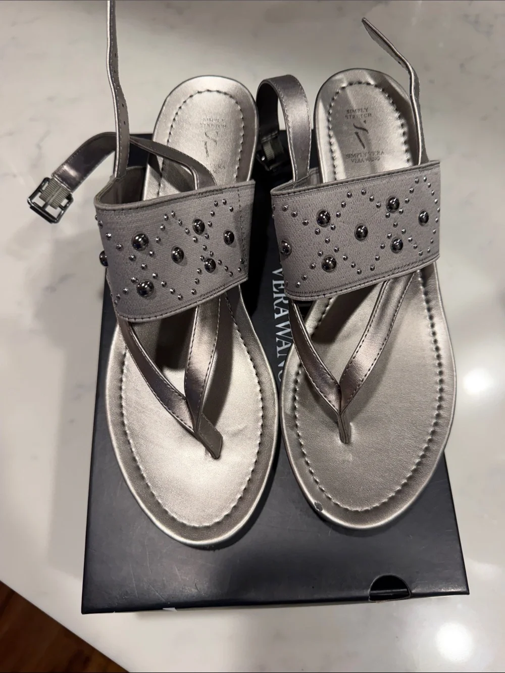 Vera Wang Metallic Gray Jeweled T-Strap Sandals